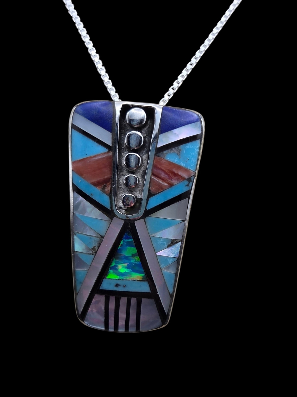 Sterling Inlay Geometric Pendant Necklace – Blue Multi